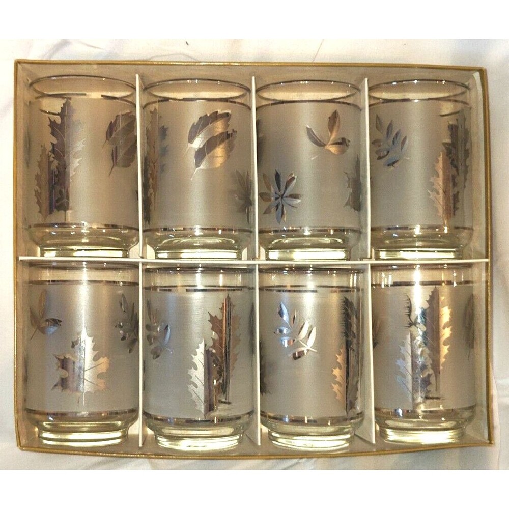 Set of 8 Vtg MCM Libbey Hostess 12 oz Silver Foliage Leaves Glasses ORIGINAL BOX